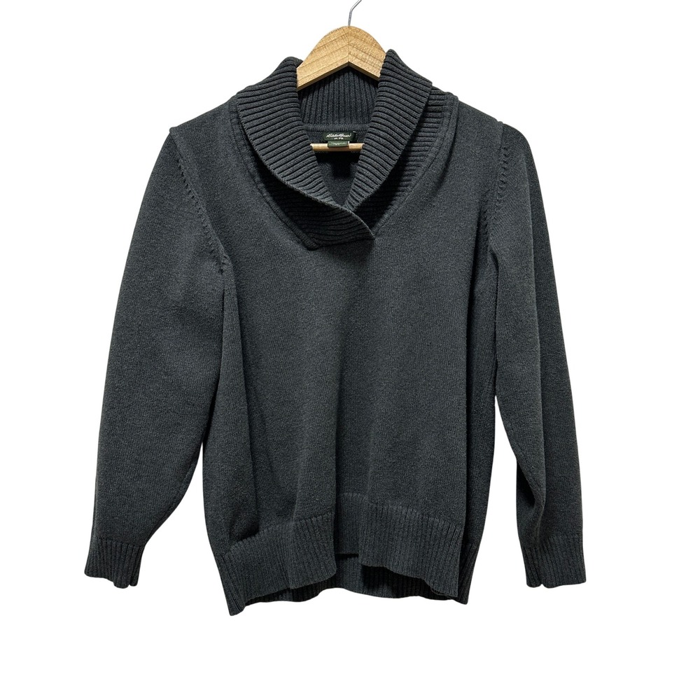 Eddie Bauer Shawl Collar Sweater‎ Womens XL Gray Cotton Blend Knit Pullover